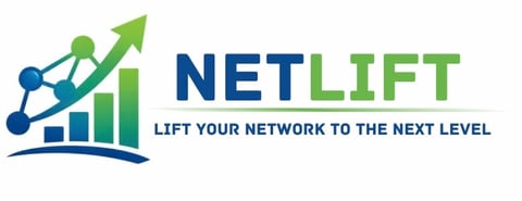 NetLift logo featuring upward arrow, connected nodes, and bar chart graph with tagline Lift Your Network to the Next Level