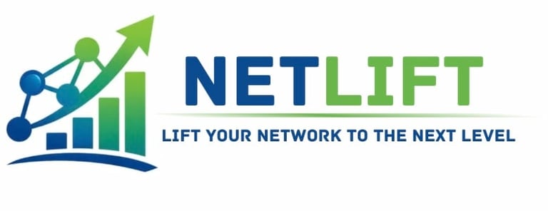 NetLift logo with upward arrow, connected network nodes, and bar chart graph - Lift Your Network to the Next Level